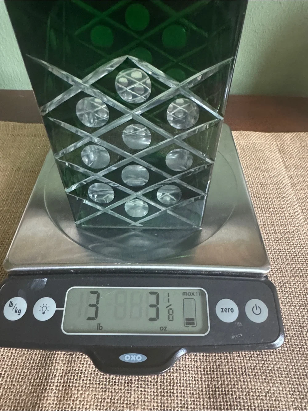 World Market Green Cut Glass Decanter Square Stopper MCM Style Barware”